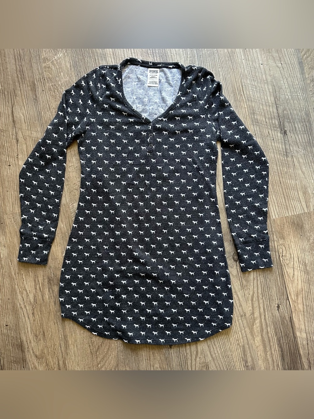 PINK Victoria's Secret Black Long Sleeve Henley pajama dress with Dog Print
